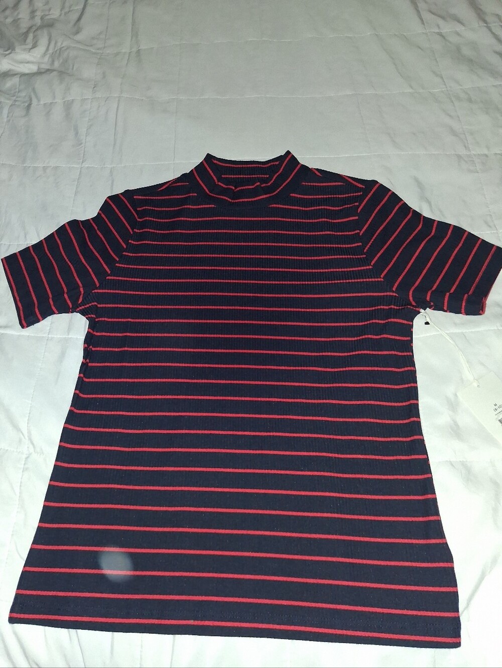 Free Assembly Mock Neck Preppy Tee - Navy/Red Stripe - Medium (8-10)
